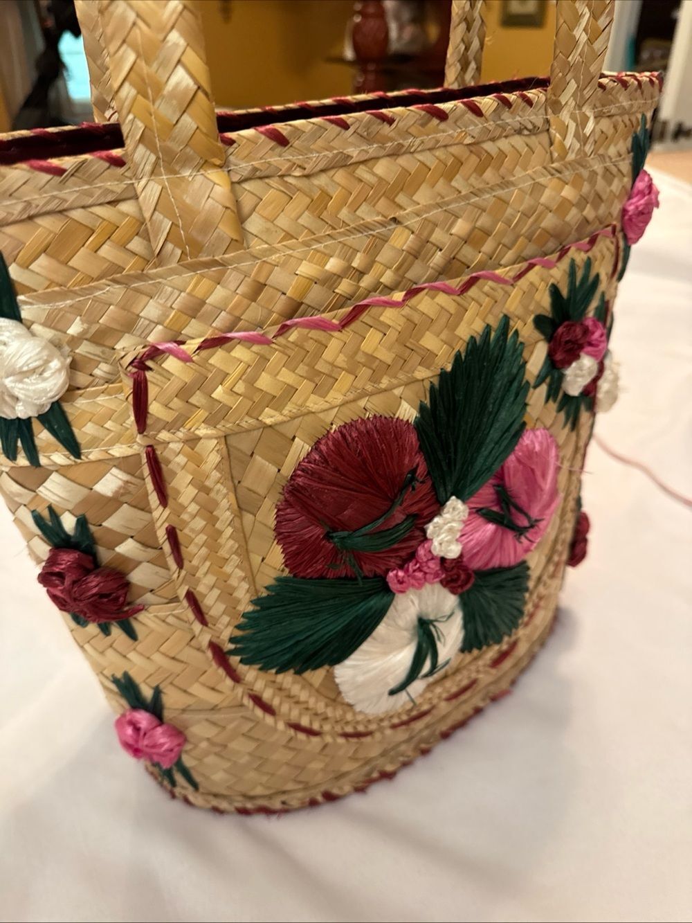 Straw Tote with Pink, Green & White Floral Embroidery - Picture 2 of 11